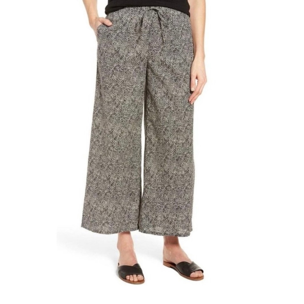 Eileen Fisher Organic Cotton Droplet Crop Wide Leg Pant Drawstring Black Ivory S